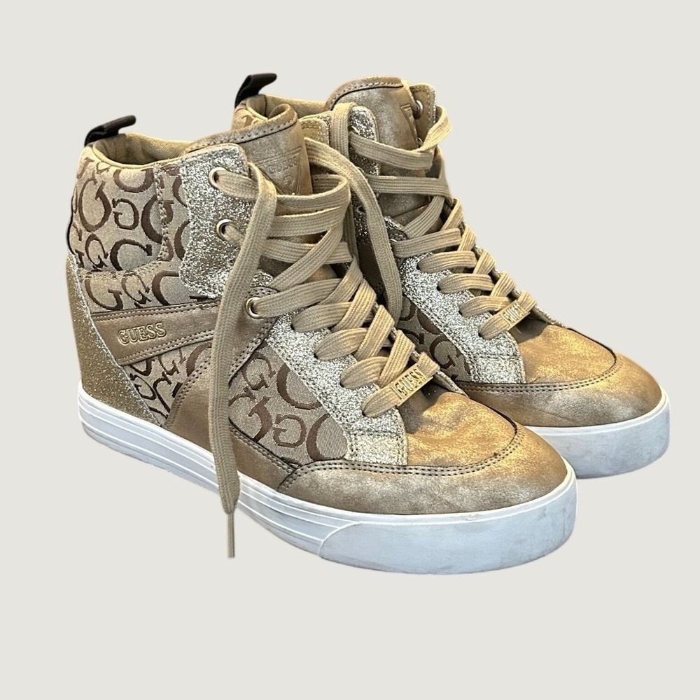 Guess WGTONIGHT3-G Gold Glitter Monogram Hidden Wedge High Top Sneakers 10M